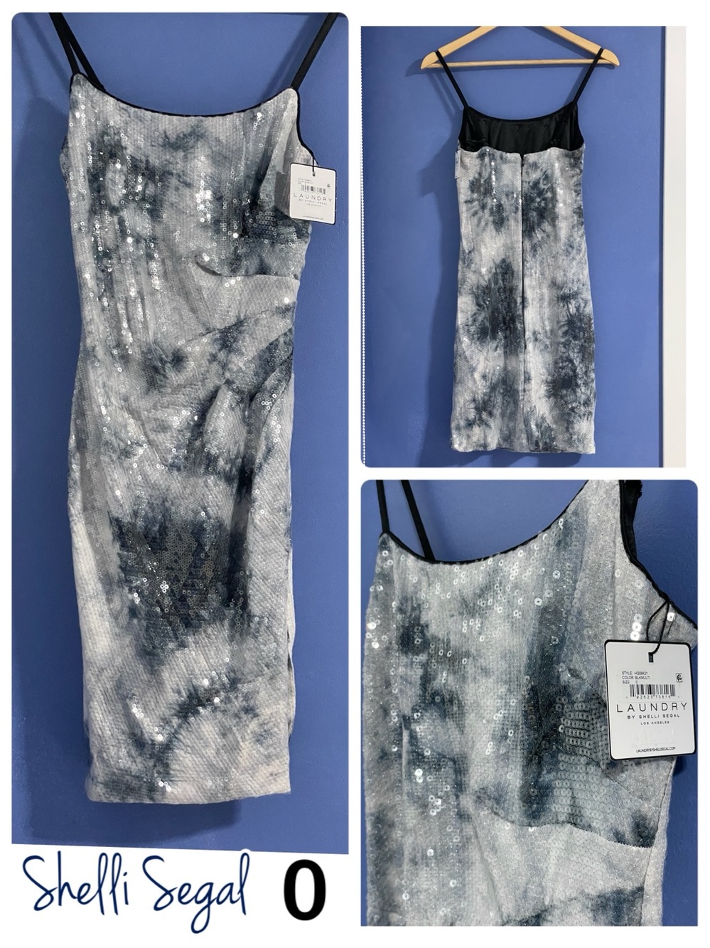 NWT Shelli Segal navy silver grey galaxy sequined Laundry fitted tulip-split 0